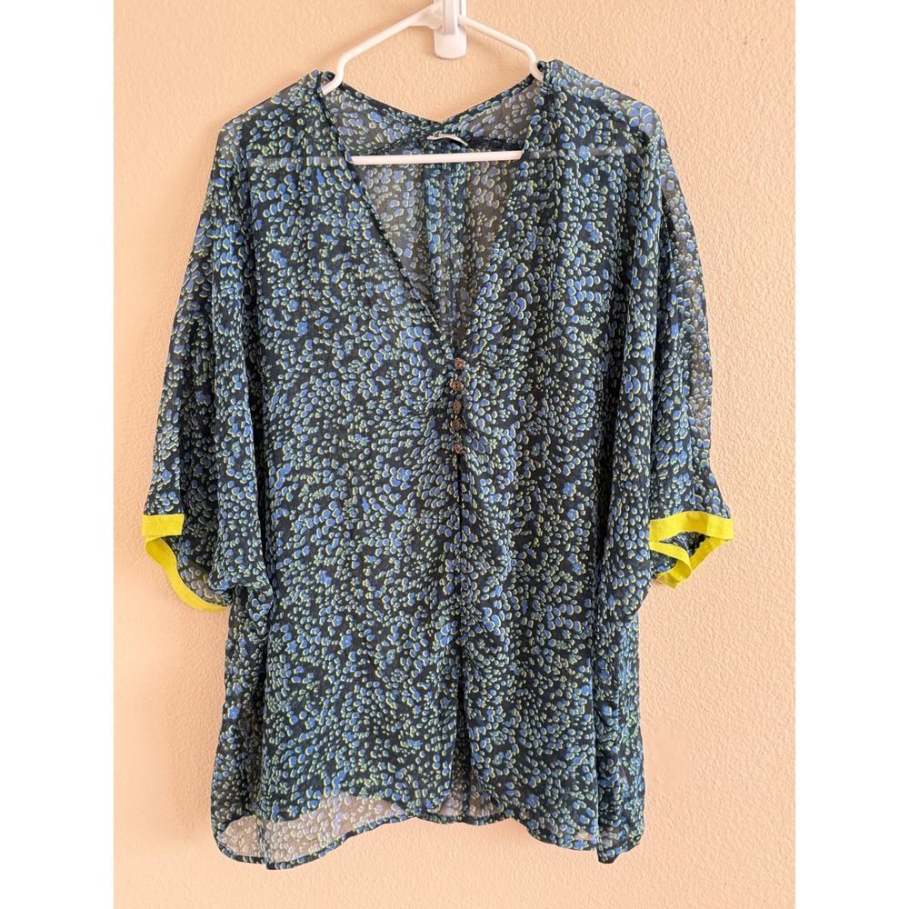 Free People Intimately‎ Sheer Kaftan Blouse Blue Yellow Leopard Print Boho Small